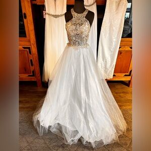 Beaded Gold Bodice White Tulle Ball Gown